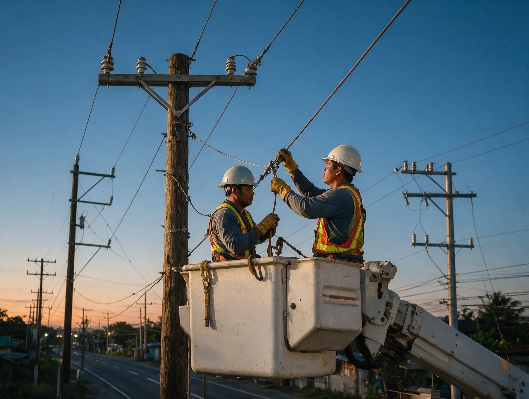 Utility linemen working on an overhead distribution line from a bucket truck